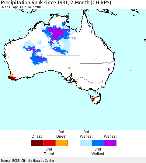 Australia Precipitation Rank since 1981, 2-Month (CHIRPS) Thematic Map For 3/1/2024 - 4/30/2024