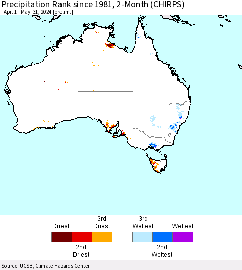 Australia Precipitation Rank since 1981, 2-Month (CHIRPS) Thematic Map For 4/1/2024 - 5/31/2024