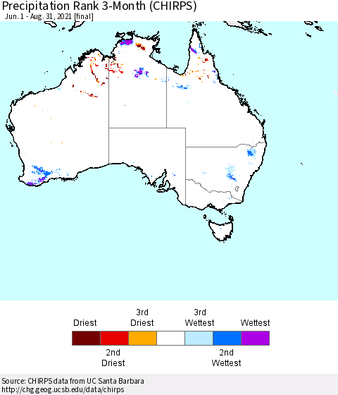 Australia Precipitation Rank since 1981, 3-Month (CHIRPS) Thematic Map For 6/1/2021 - 8/31/2021