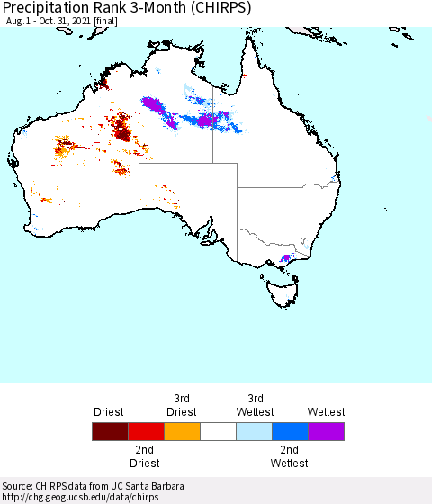 Australia Precipitation Rank since 1981, 3-Month (CHIRPS) Thematic Map For 8/1/2021 - 10/31/2021