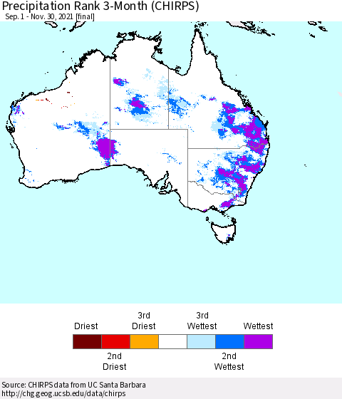 Australia Precipitation Rank since 1981, 3-Month (CHIRPS) Thematic Map For 9/1/2021 - 11/30/2021