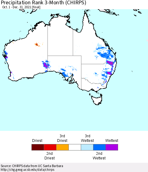 Australia Precipitation Rank since 1981, 3-Month (CHIRPS) Thematic Map For 10/1/2021 - 12/31/2021
