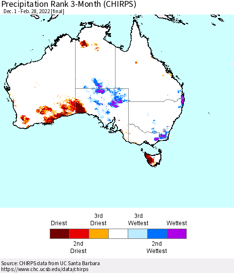 Australia Precipitation Rank since 1981, 3-Month (CHIRPS) Thematic Map For 12/1/2021 - 2/28/2022