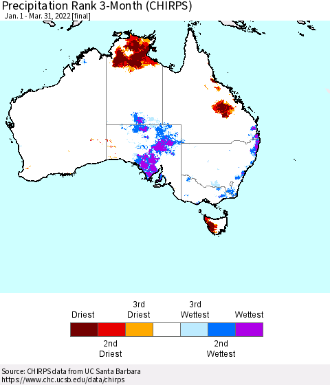 Australia Precipitation Rank since 1981, 3-Month (CHIRPS) Thematic Map For 1/1/2022 - 3/31/2022