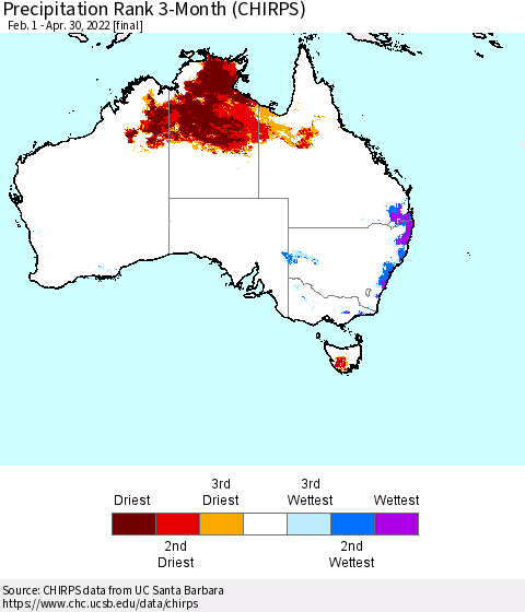 Australia Precipitation Rank since 1981, 3-Month (CHIRPS) Thematic Map For 2/1/2022 - 4/30/2022