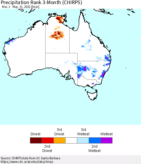 Australia Precipitation Rank since 1981, 3-Month (CHIRPS) Thematic Map For 3/1/2022 - 5/31/2022
