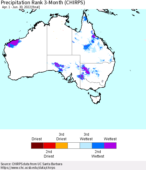 Australia Precipitation Rank since 1981, 3-Month (CHIRPS) Thematic Map For 4/1/2022 - 6/30/2022
