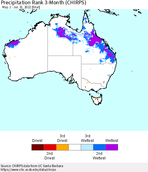 Australia Precipitation Rank since 1981, 3-Month (CHIRPS) Thematic Map For 5/1/2022 - 7/31/2022