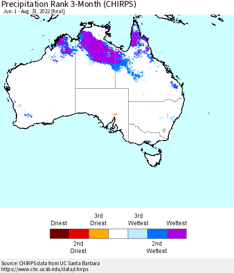 Australia Precipitation Rank since 1981, 3-Month (CHIRPS) Thematic Map For 6/1/2022 - 8/31/2022