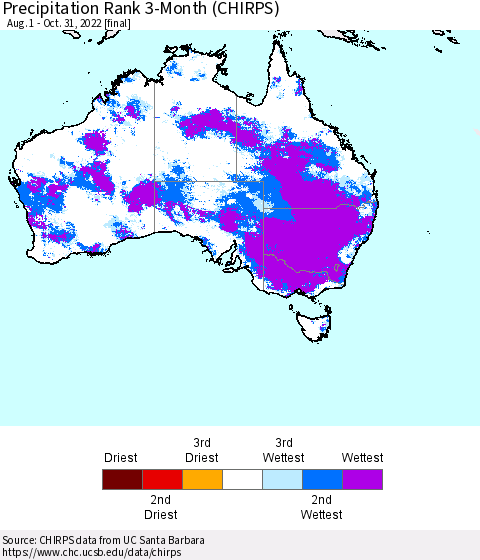 Australia Precipitation Rank since 1981, 3-Month (CHIRPS) Thematic Map For 8/1/2022 - 10/31/2022