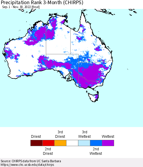 Australia Precipitation Rank since 1981, 3-Month (CHIRPS) Thematic Map For 9/1/2022 - 11/30/2022