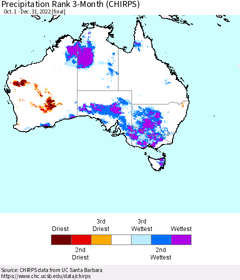 Australia Precipitation Rank since 1981, 3-Month (CHIRPS) Thematic Map For 10/1/2022 - 12/31/2022
