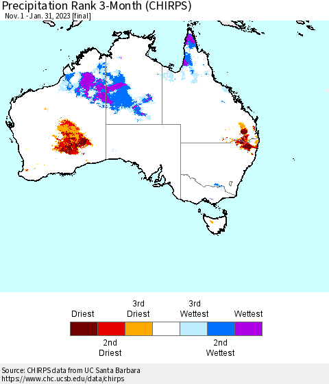 Australia Precipitation Rank since 1981, 3-Month (CHIRPS) Thematic Map For 11/1/2022 - 1/31/2023