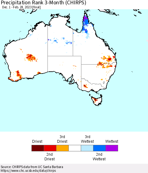 Australia Precipitation Rank since 1981, 3-Month (CHIRPS) Thematic Map For 12/1/2022 - 2/28/2023