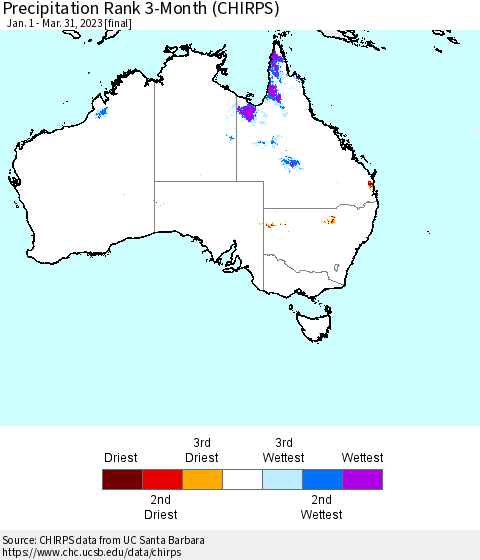 Australia Precipitation Rank since 1981, 3-Month (CHIRPS) Thematic Map For 1/1/2023 - 3/31/2023
