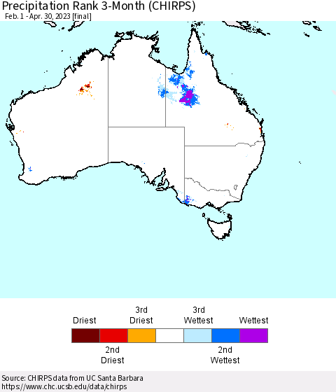 Australia Precipitation Rank since 1981, 3-Month (CHIRPS) Thematic Map For 2/1/2023 - 4/30/2023