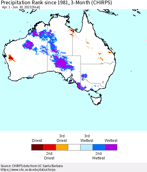 Australia Precipitation Rank since 1981, 3-Month (CHIRPS) Thematic Map For 4/1/2023 - 6/30/2023