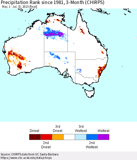 Australia Precipitation Rank since 1981, 3-Month (CHIRPS) Thematic Map For 5/1/2023 - 7/31/2023