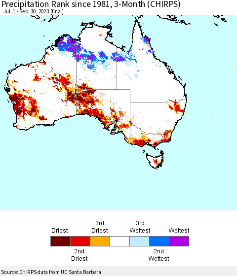 Australia Precipitation Rank since 1981, 3-Month (CHIRPS) Thematic Map For 7/1/2023 - 9/30/2023