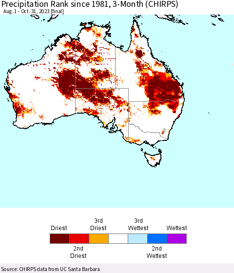 Australia Precipitation Rank since 1981, 3-Month (CHIRPS) Thematic Map For 8/1/2023 - 10/31/2023