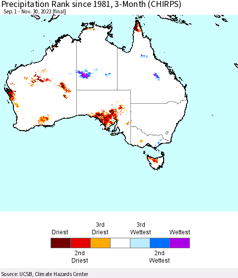 Australia Precipitation Rank since 1981, 3-Month (CHIRPS) Thematic Map For 9/1/2023 - 11/30/2023
