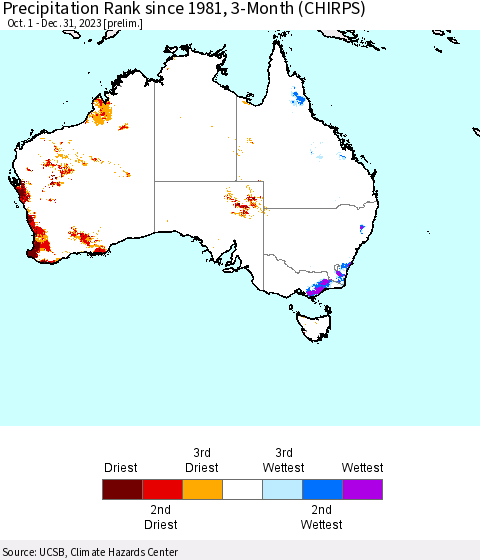 Australia Precipitation Rank since 1981, 3-Month (CHIRPS) Thematic Map For 10/1/2023 - 12/31/2023