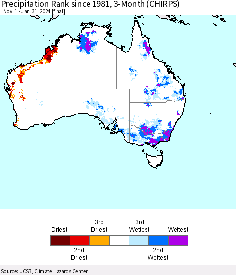Australia Precipitation Rank since 1981, 3-Month (CHIRPS) Thematic Map For 11/1/2023 - 1/31/2024