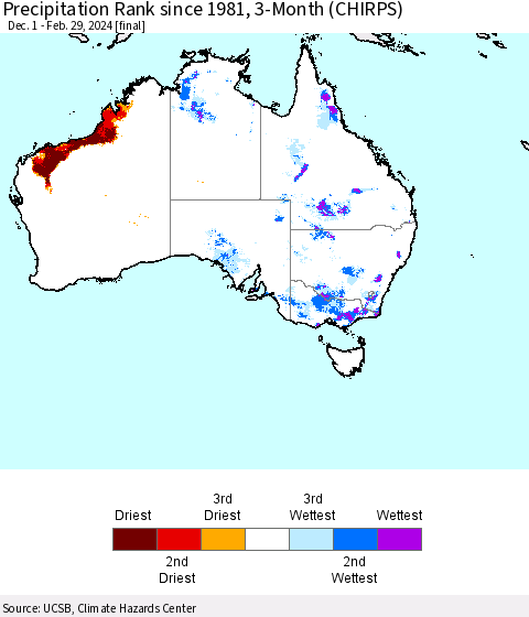 Australia Precipitation Rank since 1981, 3-Month (CHIRPS) Thematic Map For 12/1/2023 - 2/29/2024