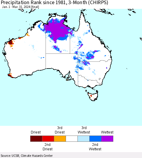 Australia Precipitation Rank since 1981, 3-Month (CHIRPS) Thematic Map For 1/1/2024 - 3/31/2024