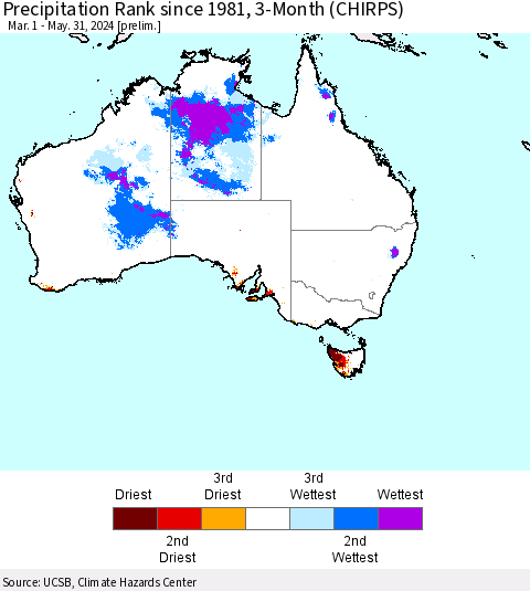 Australia Precipitation Rank since 1981, 3-Month (CHIRPS) Thematic Map For 3/1/2024 - 5/31/2024