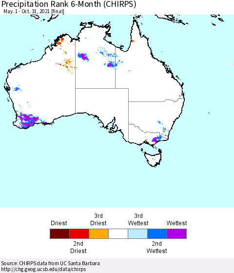 Australia Precipitation Rank since 1981, 6-Month (CHIRPS) Thematic Map For 5/1/2021 - 10/31/2021