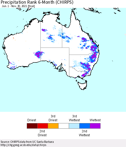 Australia Precipitation Rank since 1981, 6-Month (CHIRPS) Thematic Map For 6/1/2021 - 11/30/2021