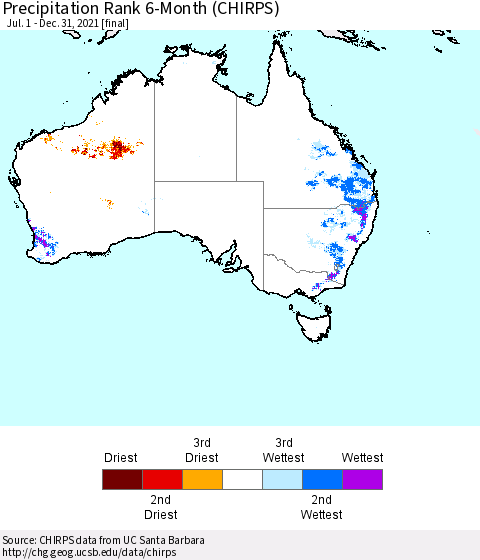 Australia Precipitation Rank since 1981, 6-Month (CHIRPS) Thematic Map For 7/1/2021 - 12/31/2021