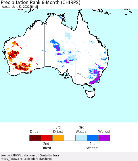 Australia Precipitation Rank since 1981, 6-Month (CHIRPS) Thematic Map For 8/1/2021 - 1/31/2022