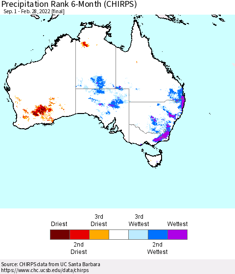 Australia Precipitation Rank since 1981, 6-Month (CHIRPS) Thematic Map For 9/1/2021 - 2/28/2022