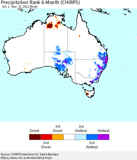 Australia Precipitation Rank since 1981, 6-Month (CHIRPS) Thematic Map For 10/1/2021 - 3/31/2022