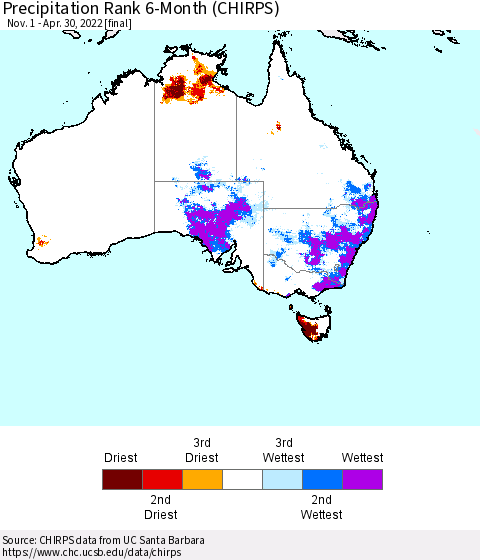 Australia Precipitation Rank since 1981, 6-Month (CHIRPS) Thematic Map For 11/1/2021 - 4/30/2022