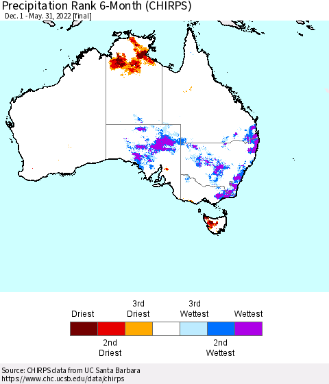 Australia Precipitation Rank since 1981, 6-Month (CHIRPS) Thematic Map For 12/1/2021 - 5/31/2022