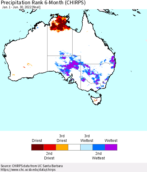 Australia Precipitation Rank since 1981, 6-Month (CHIRPS) Thematic Map For 1/1/2022 - 6/30/2022