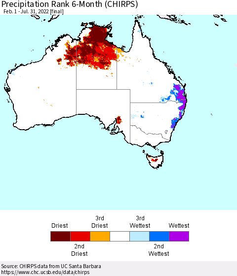 Australia Precipitation Rank since 1981, 6-Month (CHIRPS) Thematic Map For 2/1/2022 - 7/31/2022