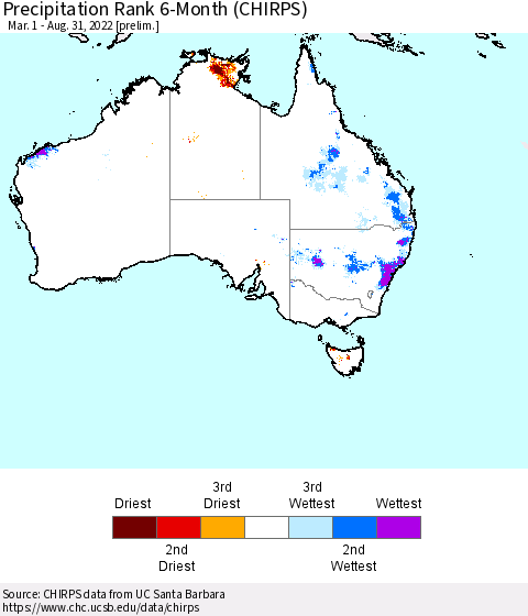 Australia Precipitation Rank since 1981, 6-Month (CHIRPS) Thematic Map For 3/1/2022 - 8/31/2022