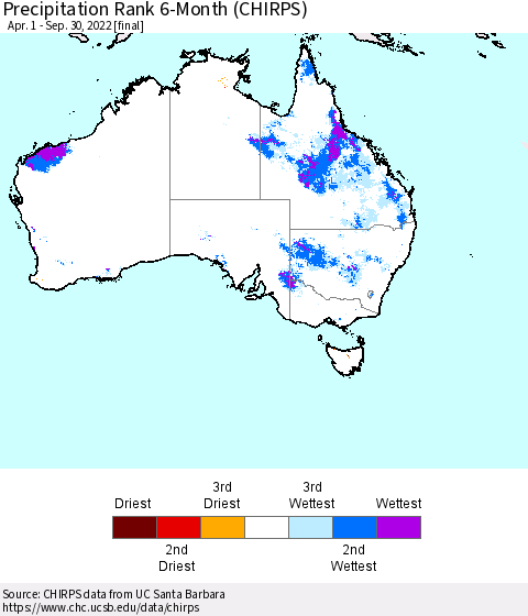 Australia Precipitation Rank since 1981, 6-Month (CHIRPS) Thematic Map For 4/1/2022 - 9/30/2022