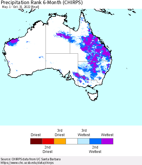 Australia Precipitation Rank since 1981, 6-Month (CHIRPS) Thematic Map For 5/1/2022 - 10/31/2022
