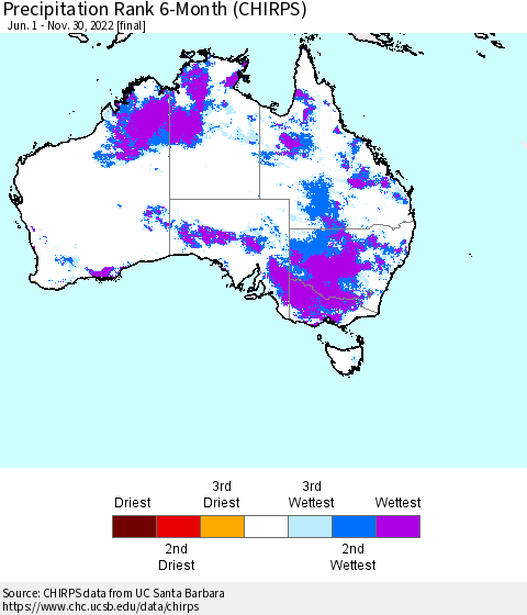Australia Precipitation Rank since 1981, 6-Month (CHIRPS) Thematic Map For 6/1/2022 - 11/30/2022