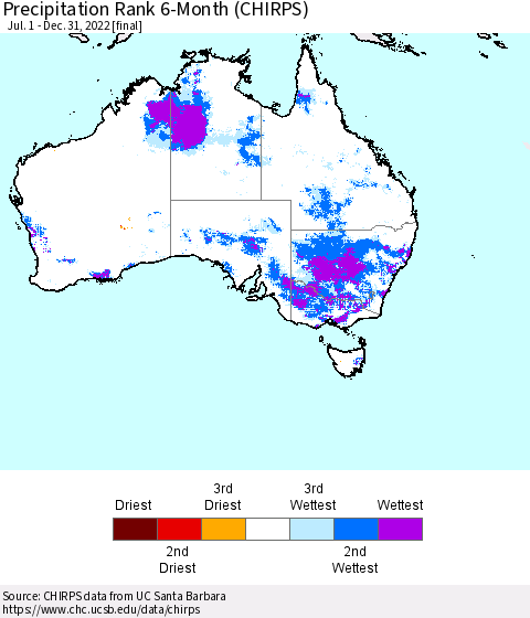 Australia Precipitation Rank since 1981, 6-Month (CHIRPS) Thematic Map For 7/1/2022 - 12/31/2022