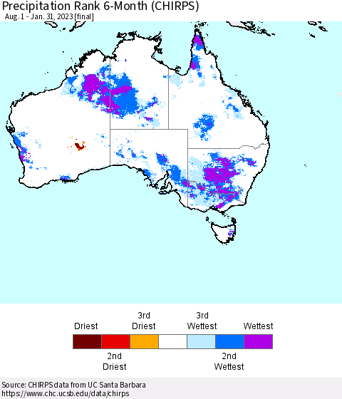 Australia Precipitation Rank since 1981, 6-Month (CHIRPS) Thematic Map For 8/1/2022 - 1/31/2023