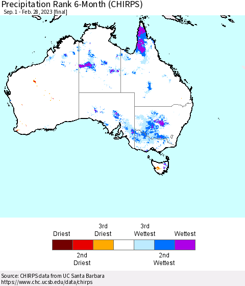 Australia Precipitation Rank since 1981, 6-Month (CHIRPS) Thematic Map For 9/1/2022 - 2/28/2023