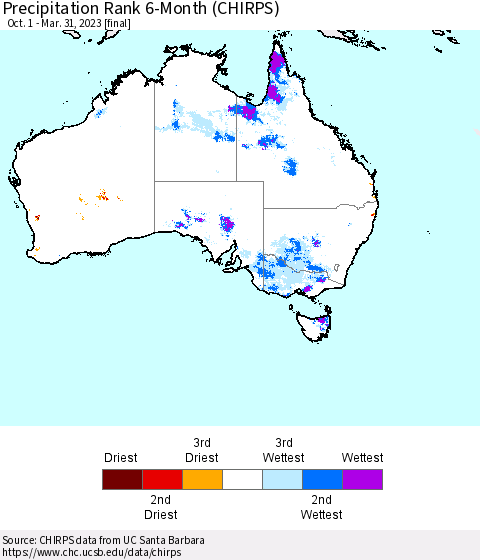 Australia Precipitation Rank since 1981, 6-Month (CHIRPS) Thematic Map For 10/1/2022 - 3/31/2023