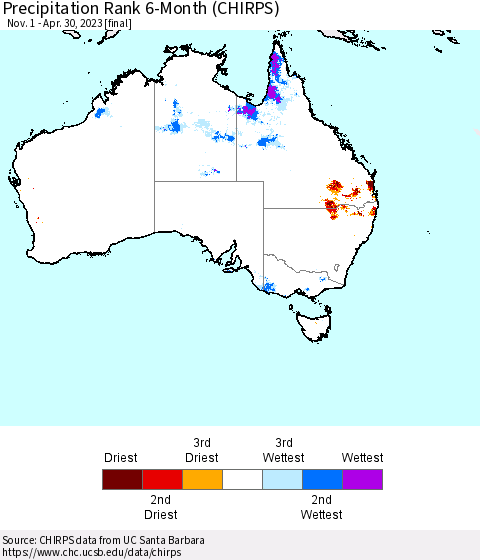 Australia Precipitation Rank since 1981, 6-Month (CHIRPS) Thematic Map For 11/1/2022 - 4/30/2023
