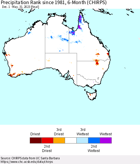 Australia Precipitation Rank since 1981, 6-Month (CHIRPS) Thematic Map For 12/1/2022 - 5/31/2023